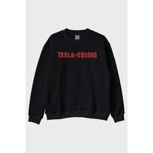 Lofux Tesla/edıson Yıldırım Baskılı Gotik Tasarım Siyah Bisiklet Yaka Sweatshirt