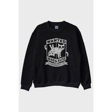 Lofux Wanted: Dead & Alive Schrödinger's Cat Tasarım Siyah Bisiklet Yaka Sweatshirt