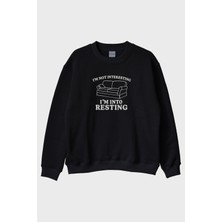 Lofux I'm Not Interesting I'm Into Resting Baskılı Siyah Bisiklet Yaka Sweatshirt