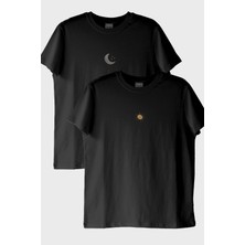 Lofux Ay ve Güneş Desenli Nakışlı Çift Kombin Siyah T-Shirt