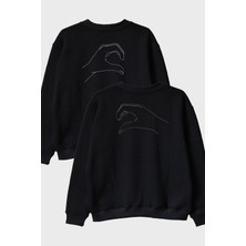 Lofux Kalp Eller Desenli Çift Kombini Bisiklet Yaka Sweatshirt