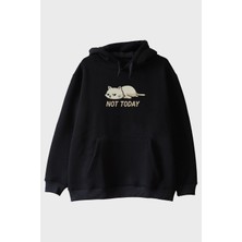 Lofux Yorgun Kedi Mizahi Not Today Siyah Hoodie
