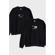 Lofux Lover Loving Çift Siyah Bisiklet Yaka Sweatshirt Seti