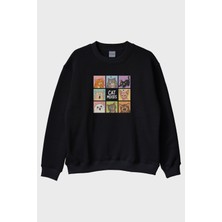 Lofux Cat Moods Siyah Bisiklet Yaka Sweatshirt
