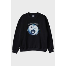 Lofux Gündüz ve Gece Kedi Siyah Bisiklet Yaka Sweatshirt