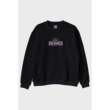 Lofux King Yazılı Siyah Bisiklet Yaka Sweatshirt