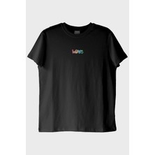 Lofux Love Desenli Nakış Siyah T-Shirt - Sevgililer Günü Tasarımı