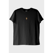Lofux Altın Mikrofon Işlemeli Müzik Siyah T-Shirt