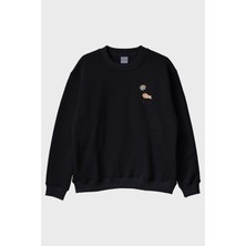 Lofux Benden Sana Papatya Siyah Bisiklet Yaka Sweatshirt