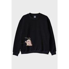 Lofux I Miss You Dinozor Siyah Bisiklet Yaka Sweatshirt