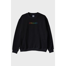 Lofux Dreamer Renkli Yazılı Siyah Bisiklet Yaka Sweatshirt