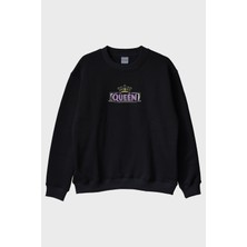 Lofux Queen Taç Siyah Bisiklet Yaka Sweatshirt