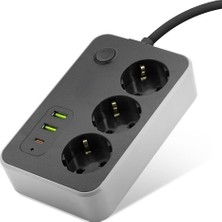 Evimdeyokyok Topraklı Termal Akım Korumalı Uzatma Kablosu Anahtarlı 3 Priz 2 USB 1 Type-C 2 M Siyah SH4626