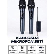 Sungur's Store Profesyonel Çiftli Kablosuz Mikrofon Seti Karaoke Şarj Edilebilir 50 Metre