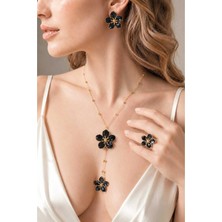 Invictus Design Kadın Gold Siyah Boncuklu Çiçek Figürlü Mineli Y Model Kolye & Ayarlanabilir Yüzük & Küpe 3'lü Set