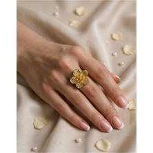 Invictus Design Kadın Gold Varaklı Metalik Parlak Çiçek Desenli Ayarlanabilir Yüzük