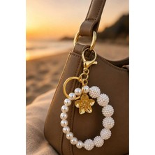 Invictus Design Kadın Gold Halka Detaylı Inci Altın Çiçek Figürlü Böğürtlen Boncuk Çanta Süsü Charm Metal Kancalı Anahtarlık Charm