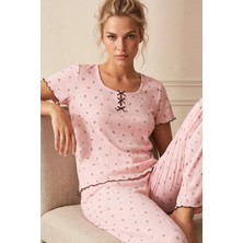 Siyah İnci Pembe Çiçek Desenli Fiyonklu Pointelli Örme Pijama Takımı 26120660