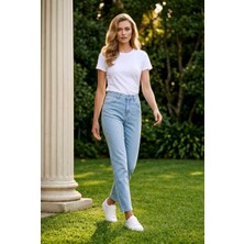 Hies Buz Mavisi Mom Kadın Pantolon, Yüksek Bel Likralı Sağlam Dikişli Denim Bayan Jeans