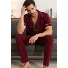 Siyah İnci Bordo Erkek Kısa Kollu Pamuklu Gömlek Yaka Düğmeli Biyeli Pijama Takım 7822