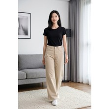 Hies Wide Leg Yüksek Bel Likralı Sağlam Dikişli Palazzo Bayan Kot Jeans - Bej Pantolon