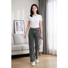 Hies Wide Leg Yüksek Bel Likralı Sağlam Dikişli Palazzo Bayan Kot Jeans - Füme Pantolon