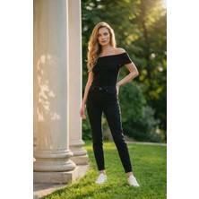 Hies Siyah Mom Kadın Pantolon, Yüksek Bel Likralı Sağlam Dikişli Denim Bayan Jeans