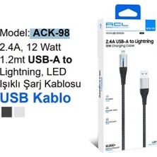 Acl Ack-98 2.4A, 12 Watt 1.2mt Usb-A To Lightning, LED Işıklı Şarj Kablosu