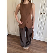 Düğmeli Double Kumaş Kahve/bordo Yelek