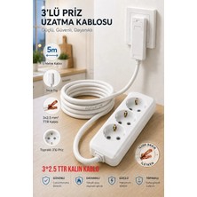 ARYES 3’lü 5 Metre Uzatma Prizi 3x2,5 Mm² Ttr Kalın Bakır Kablolu Ince Fişli Topraklı – 3680W