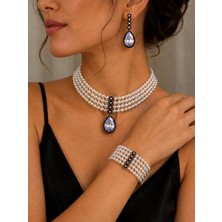 Fayra Accessories Zirkon Taşlı Tasma Choker Inci Kolye Su Yolu Damla Küpe ve Inci Bileklik Seti