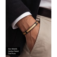Herşey Nota Goldweave Prestige Erkek Deri Bileklik Siyah Metal ve Altın Ton Detaylı