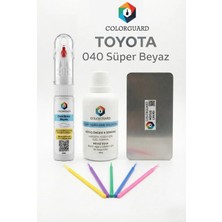 COLORGUARD Toyota 040 Süper Beyaz İğneli ve Fırçalı 2 si 1 Arada Rötuş Boyası Yüzey Temizleme Solüsyonu Profesyonel ve Çapaksız Rötuş Çeliği 5'li Uygulama Çubuğu Seti