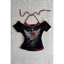 Moonstyle Collection Siyah Rose Red Heart Ek Askılı Gotik Y2K Kısa Kollu Bluz