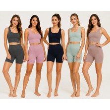 Armağanika Kadın Fitilli Kalın Askılı Crop Büstiyer ve Yüksek Bel Kısa Tayt Ikili Spor Takım