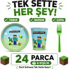 Bkmc Minecraft Temalı Doğum Günü Parti Seti | 8 ve 16 Kişilik | Tabak Bardak Çatal Seti | 24 / 48 Parça | Çocuk Doğum Günü Sofra Seti