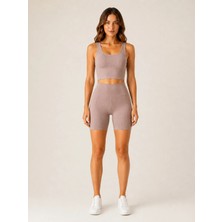 Armağanika Kadın Kalın Askılı Crop Büstiyer ve Yan Detaylı Yüksek Bel Kısa Tayt Ikili Spor Takım