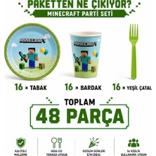 Bkmc Minecraft Temalı Doğum Günü Parti Seti | 8 ve 16 Kişilik | Tabak Bardak Çatal Seti | 24 / 48 Parça | Çocuk Doğum Günü Sofra Seti