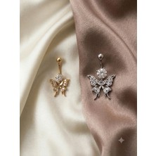 İnky Inky Diamond Butterfly Drop Premium Göbek Piercingi Zirkon Taşlı Sallantılı Gümüş Altın Renk