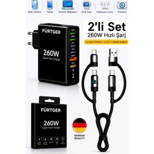 Fürtger German 260W 3 Type-C + 3 Usb-A Toplam 6 Çıkışlı Süper Hızlı Şarj Aleti + 4 Başlıklı Şarj Kablosu