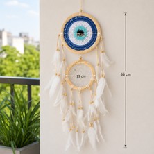 Nazar Temalı Çift Kasnaklı Beyaz Tüylü Bohem Dekoratif Duvar Süsü