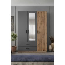 Rudu Mudo 3 Kapaklı Aynalı 120X45X190 cm 2 Çekmeceli, Giyisi, Eşya Dolap/gardırop Antrasit-Çam