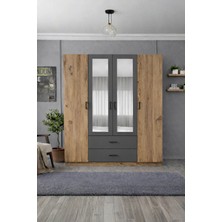 Rudu Mudo 4 Kapaklı Aynalı 160X45X190 cm 2 Çekmeceli, Giyisi, Eşya Dolap/gardırop Antrasit-Çam