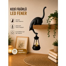 Askılı Kedi Raf Dekoru 24 cm - LED Fenerli Minimalist Salon, Balkon , Raf ve Ev Aksesuarı Dekoratif Obje - Mum Hediyeli