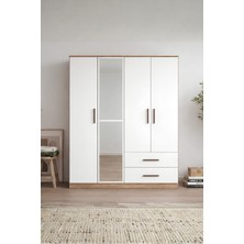 Rudu Liva 4 Kapaklı Aynalı 144X45X189 cm 2 Çekmeceli, Giyisi, Eşya Dolap/gardırop Beyaz-Çam