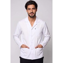 Deniz İş Erkek Gömlek Yaka Uzun Kol Çıtçıtlı Ceket Boy Beyaz Alpaka Kumaş Doktor ve Öğretmen Önlüğü