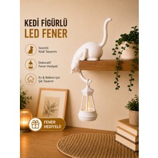Askılı Kedi Raf Dekoru 24 cm - LED Fenerli Minimalist Salon, Balkon , Raf ve Ev Aksesuarı Dekoratif Obje - Mum Hediyeli