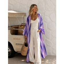 Qymos Prive Kadın Degrade Desenli Mor Lila Desenli Şifon Kimono – Dökümlü Oversize Pareo Kimono Kaftan