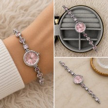 Fm 💎 Premium Parlak ve Şık Gümüş Renk Pembe Taş ve Kadran Detaylı Kadın Saat