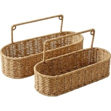 Go İthalat Plastik Rattan Hasır Görünümlü 2'li Oval Duvar Askılı Çok Amaçlı Organizer Sepet